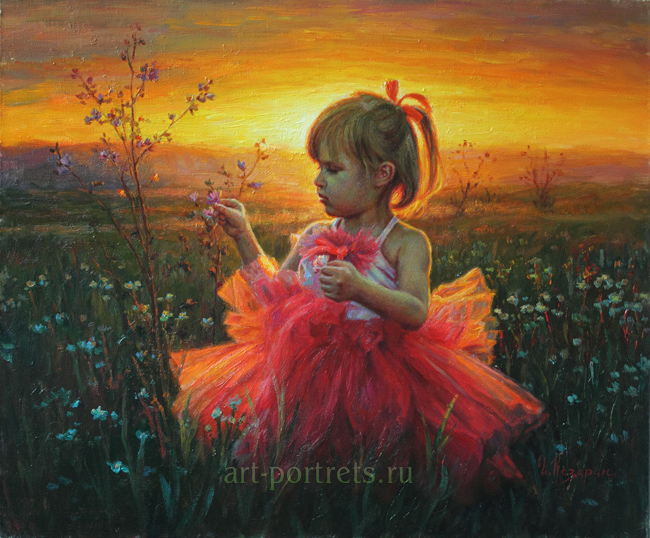 Картина девочка на фоне заката