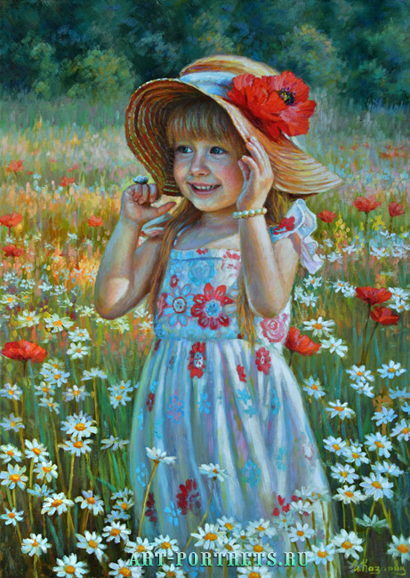 Картина маленькая девочка в шляпке с маковым цветком