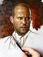 Jason Statham in the process of work oil on canvase