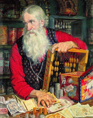 Картина Кустодиева Купец, считающий деньги
