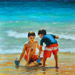 Painting children playing on the beach