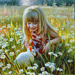 Painting a little girl and a rabbit