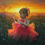 Painting little girl against the evening sunset