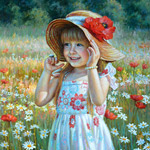 Painting a little girl in a hat with a poppy flower