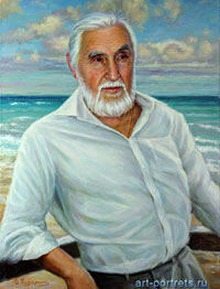 Portrait of a old man against azure sea