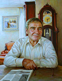 Painting male portrait on the background of interior