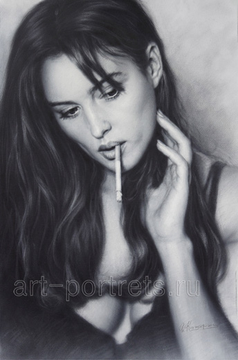 Portrait of Monica Bellucci with a cigarette in 2017