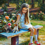 Painting little girl on a bench in the garden 2017