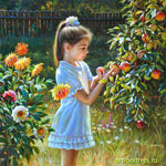 Painting of a little girl with apples in the garden 2016