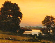 Country summer pond landscape. Evening sunset