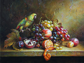 Still life with parrot and fruit