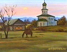 Landscape evening in Russian village